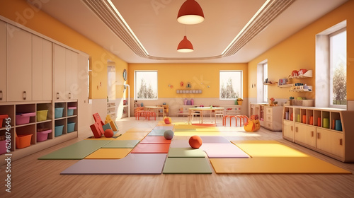 Kindergarten, modern interior of the room for classes and games. Generative Ai