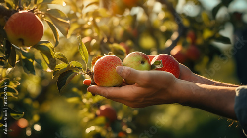 Close up of farmer hands harvesting apples