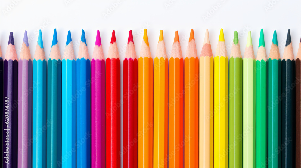 Wave of colorful wooden pencils isolated on white panoramic background, back to school concept with copy space Wave of colorful wooden pencils isolated on white panoramic background, back to school concept with copy space