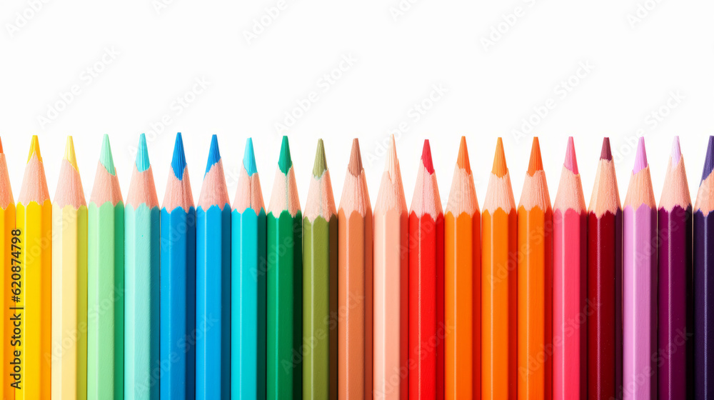 Wave of colorful wooden pencils isolated on white panoramic background, back to school concept with copy space Wave of colorful wooden pencils isolated on white panoramic background, back to school concept with copy space