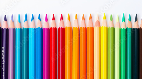 Wave of colorful wooden pencils isolated on white panoramic background, back to school concept with copy space