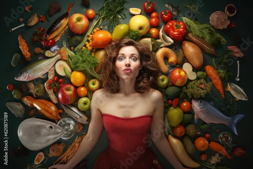Woman surrounded with fresh foods. Healthy nutrition with fruits and vegetables. Generated with artificial intelligence.