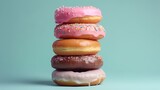 A stack of donuts with a soft pastel-colored topping, on blue/ green background. Delicious donuts with colorful colored glaze. Generative AI