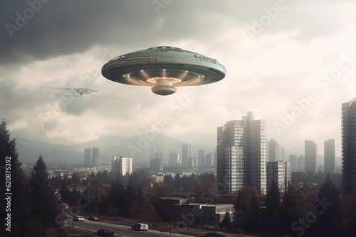 UFO in the bright sky over the autumn city, AI generated