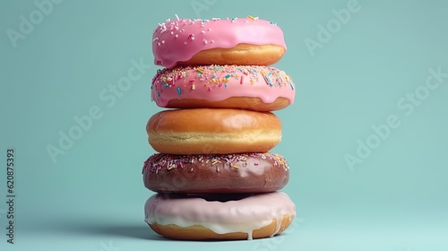 A stack of donuts with a soft pastel-colored topping, on blue/ green background.  Delicious donuts with colorful colored glaze. Generative AI photo