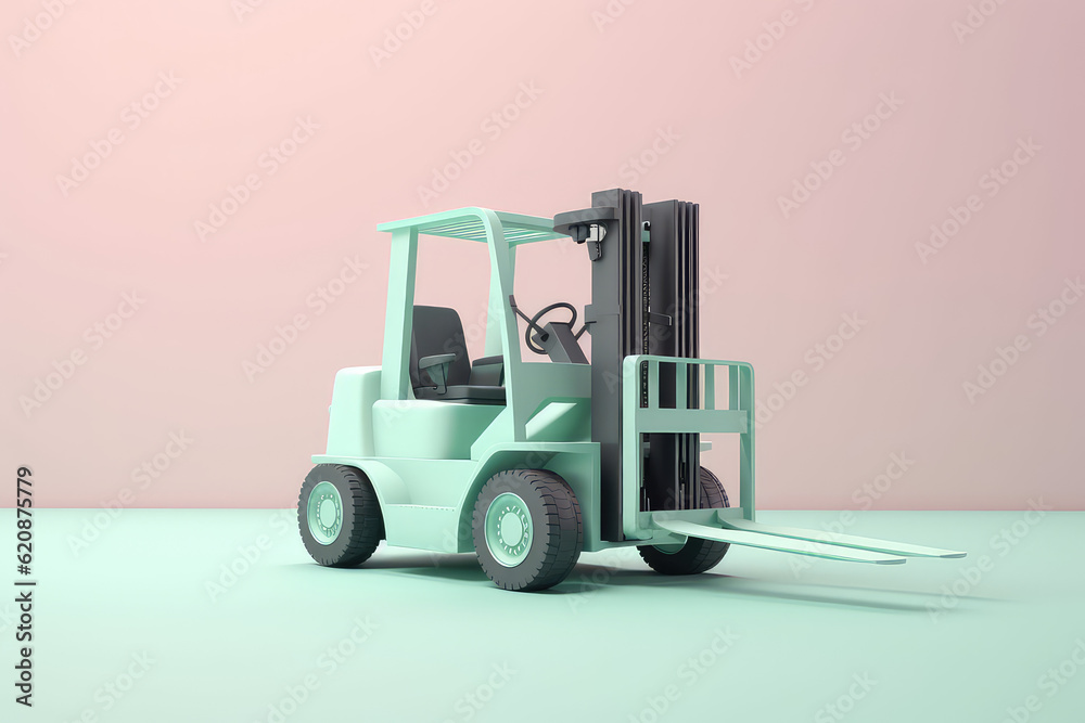 Toy cartoon forklift isolated on pastel light flat background with copy space. Pink, black, blue, green, mint palette colors. Generative AI 3d render illustration imitation.