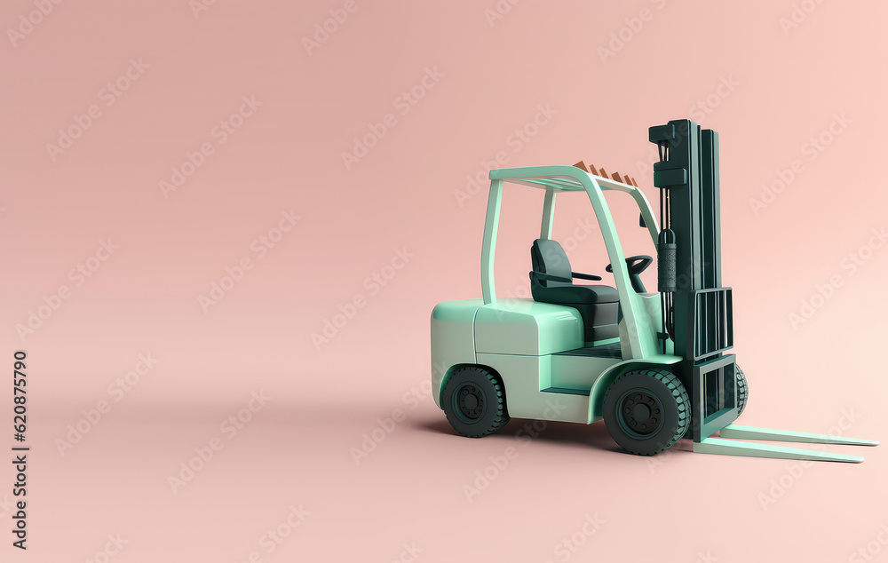 Toy cartoon forklift isolated on pastel light flat background with copy space. Pink, green palette colors. Generative AI 3d render illustration imitation.