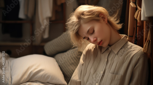 Portrait of a young blond woman with short hair sleeping in a bed with morning light