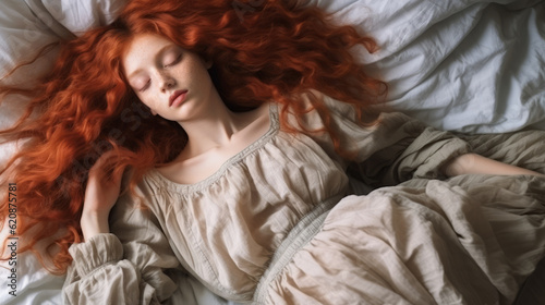 Redhead ginger woman asleep in the bed