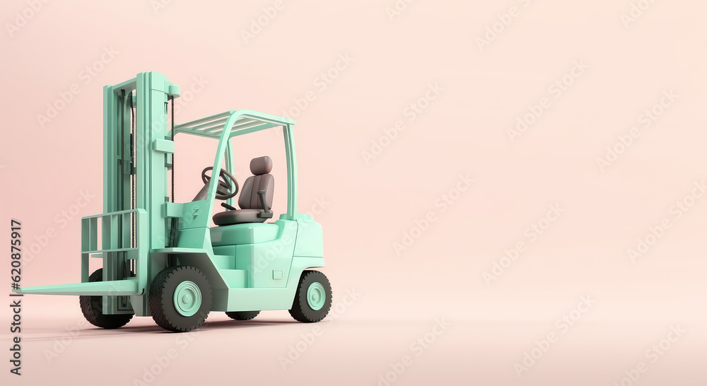 Toy cartoon forklift isolated on pastel light flat background with copy space. Pink, green palette colors. Generative AI 3d render illustration imitation.