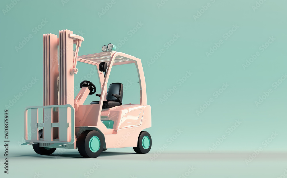 Toy cartoon forklift isolated on pastel light flat background with copy space. Cute Pink, blue, green, mint palette colors. Generative AI 3d render illustration imitation.