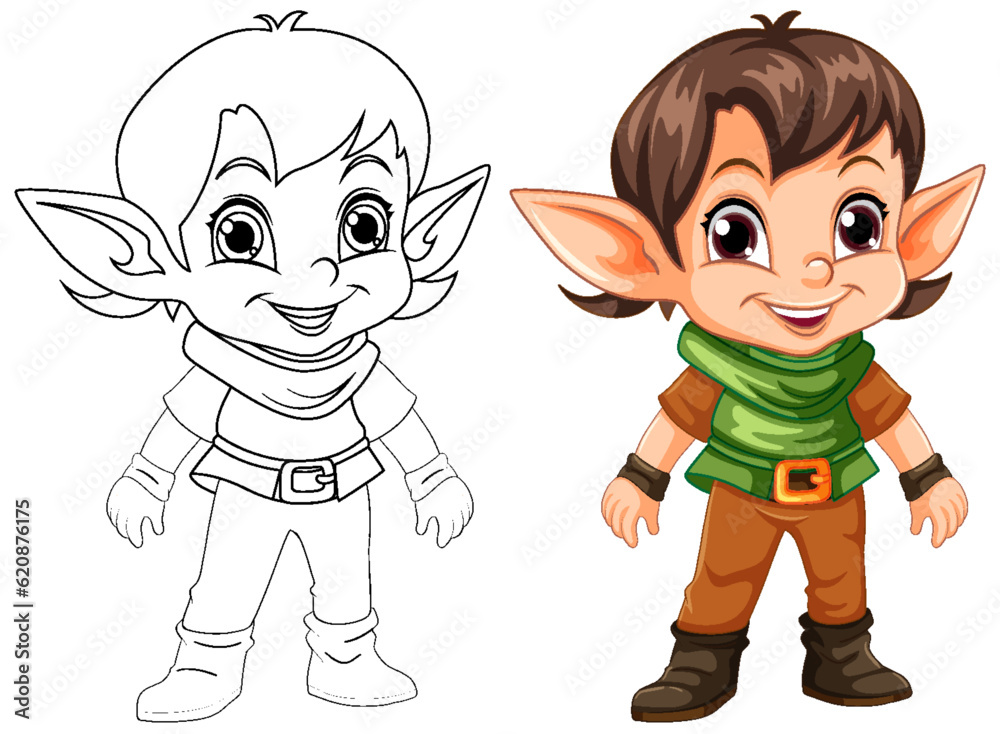Cute Elf Cartoon Character Outline for Colouring