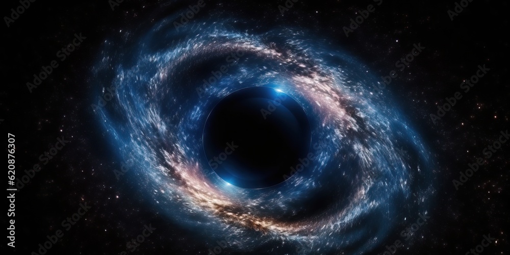 Black hole, vortex, nebula stargazing. Circle swirl. Glitter mist. Ink water. Cosmic vortex. Metallic blue color shimmering dust particles in round smoke frame on dark black background. Generative AI - obrazy, fototapety, plakaty 