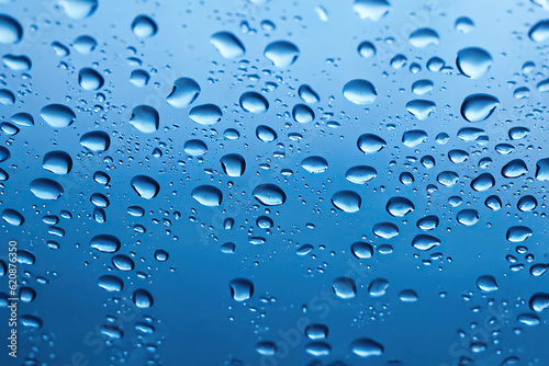Panoramic banner of water drops on blue metal