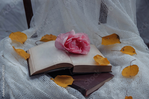 An open notebook, retro book on a chair with a pink rose and yellow autumn leaves with an empty space for text, copy space, on a white background and white curtains, vintage tulle lace