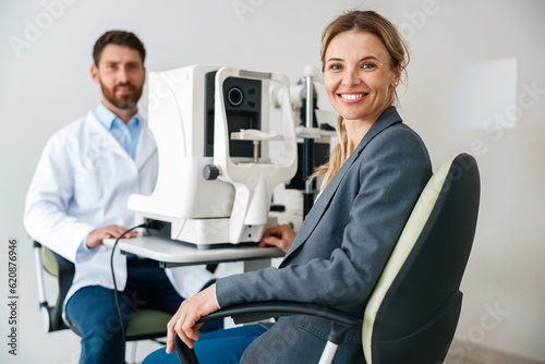 Woman happy with result after checking eyesight in ophthalmology clinic 