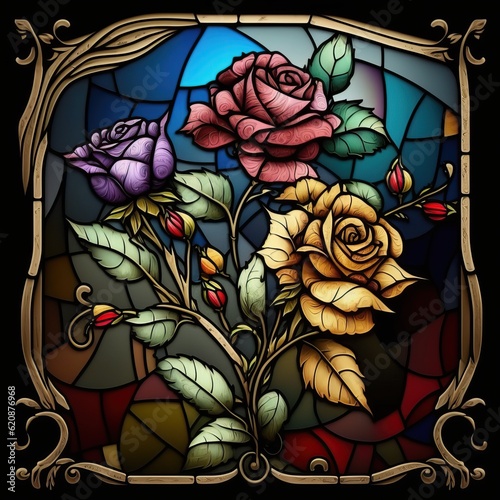 Colored stained glass with rose flowers. Generative AI