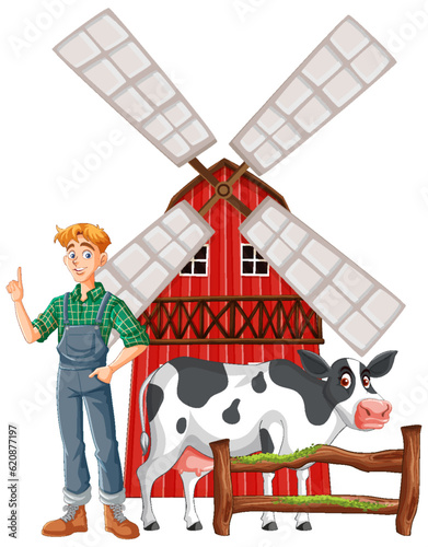 A young man and a cow at dairy farm