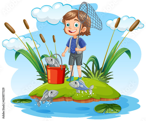 Cartoon Girl Fishing in the Pond