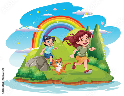 Girl running in nature background with cat