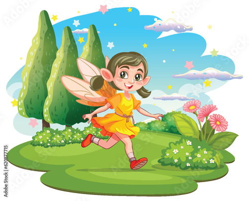 Fairy princess cartoon at magic land background