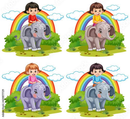 Collection of girls riding elephants