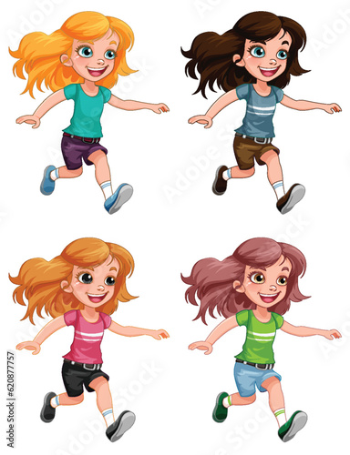 Cute Girl Running Cartoon Characters Collection