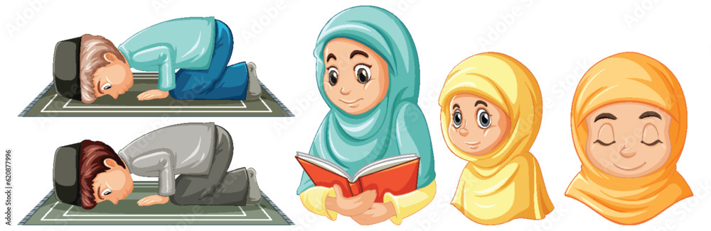Set of muslim man and woman cartoon character Set of muslim man and woman cartoon character