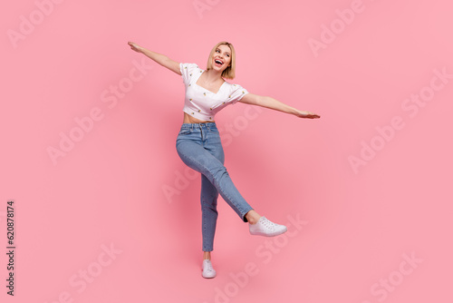 Full size body cadre of blonde bob hair girl wear trendy garment chill party discotheque summer vacation isolated on pink color background