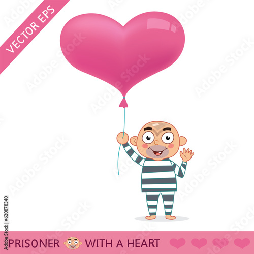 Cute Man Prisoner Holding Balloon Of Heart Shape. T shirt, Background, Vector Illustration Cartoon EPS Images. 