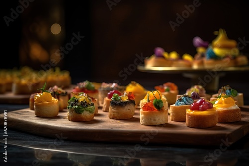 A wide variety of canape buns. Lots of tasty salty and sweet snacks. A richly laid table. Ready for party.