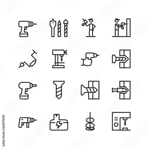 Drill and equipment, linear style icons set. Nozzle, drill bit. Screwdriver, rotary hammer. Tools for repair and construction. Drilling holes in concrete. Editable stroke width