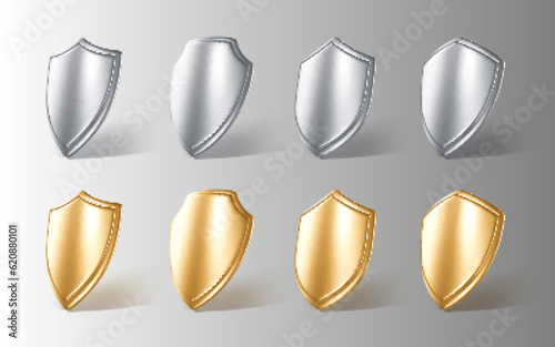 Set of 3D realistic steel and golden protective shields. Concept of secure protection. Vector 3d Illustration