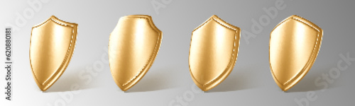 3D realistic golden shields set. Concept of secure protection. Vector 3d Illustration