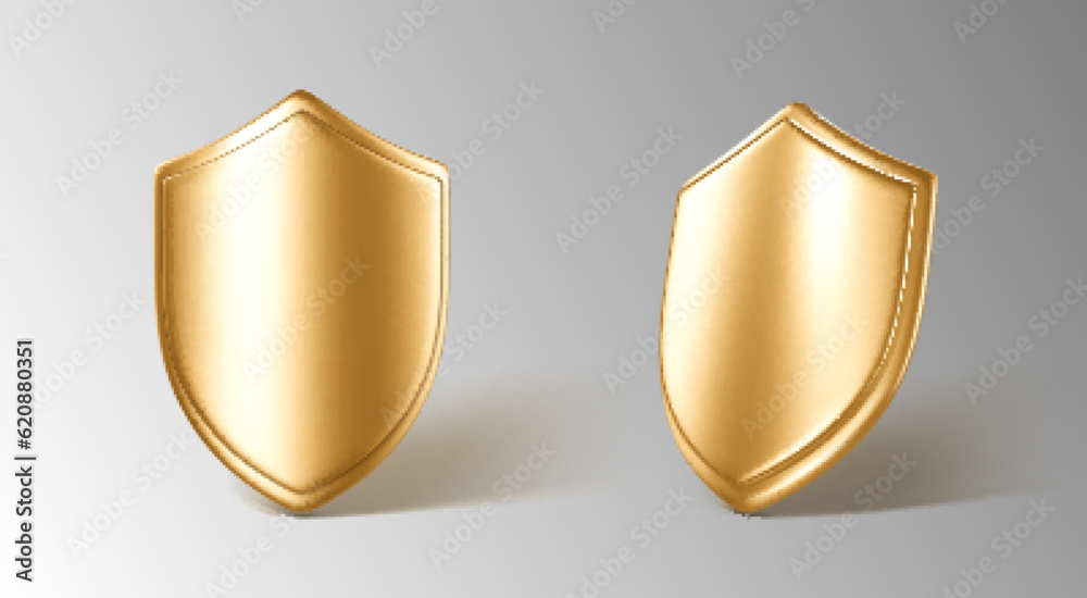 3D realistic golden shields. Concept of secure protection. Vector 3d Illustration 3D realistic golden shields. Concept of secure protection. Vector 3d Illustration