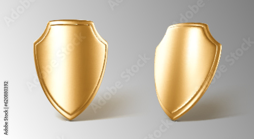 3D realistic golden shields. Concept of secure protection. Vector 3d Illustration