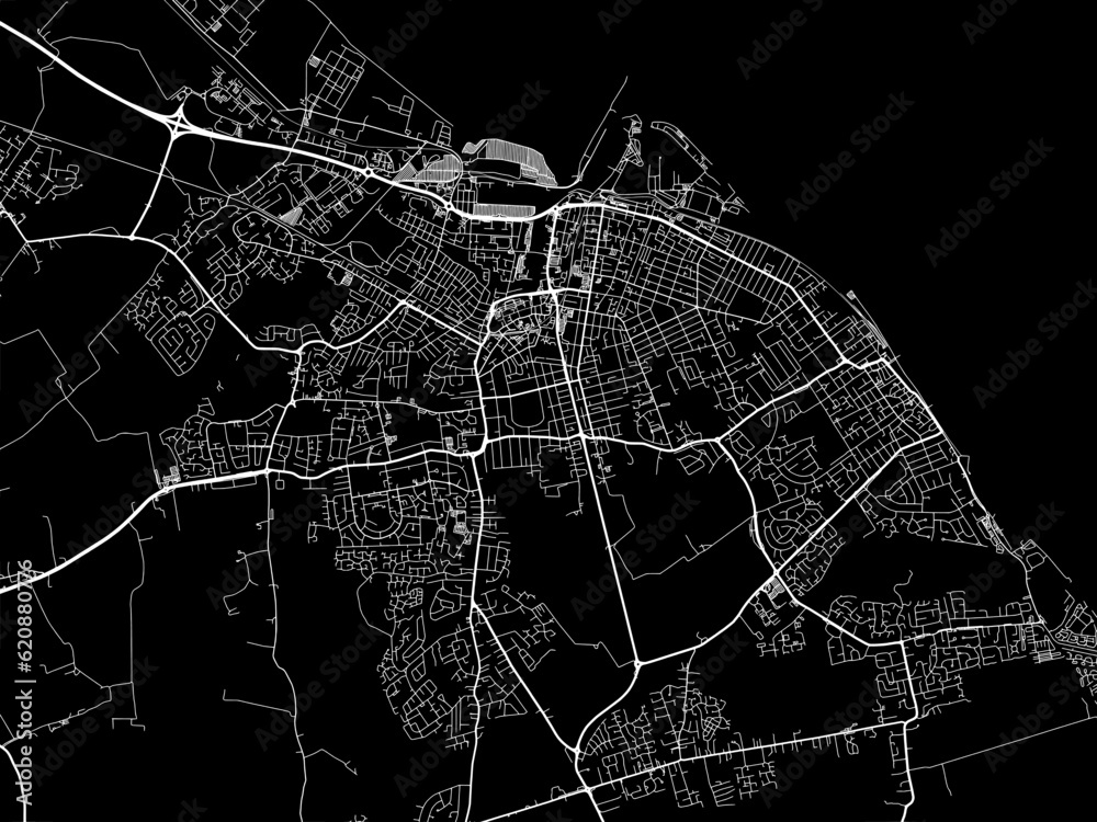 Vector road map of the city of  Grimsby in the United Kingdom on a black background.