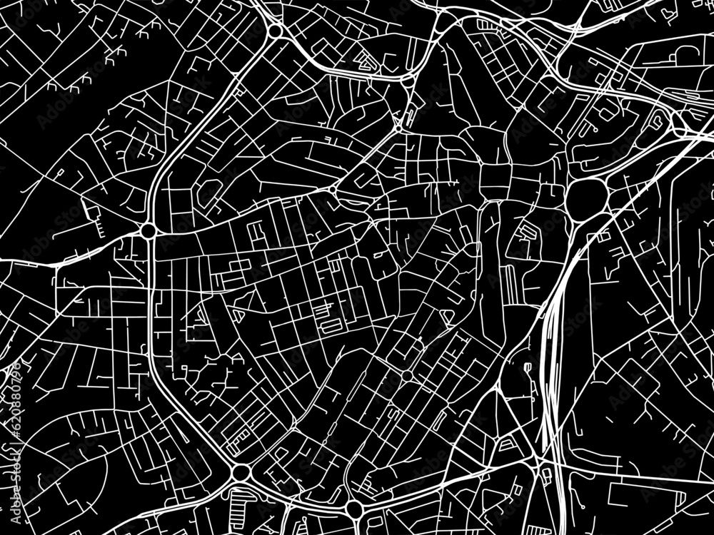 Vector road map of the city of  Sheffield Center in the United Kingdom on a black background.