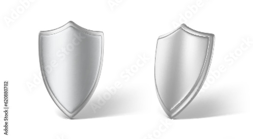 3D render metal shields isolated on white background. Concept of secure protection. Vector 3d Illustration
