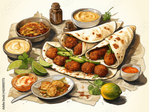 Falafel cooking and ingredients for falafel in a sketch illustration. Middle Eastern cuisine frame featuring street food design elements.  Vegan food. Generative AI..