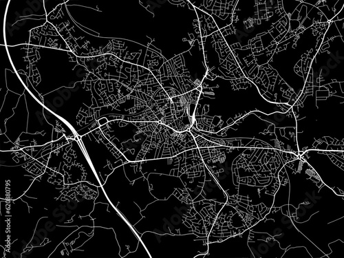 Vector road map of the city of  Barnsley in the United Kingdom on a black background.