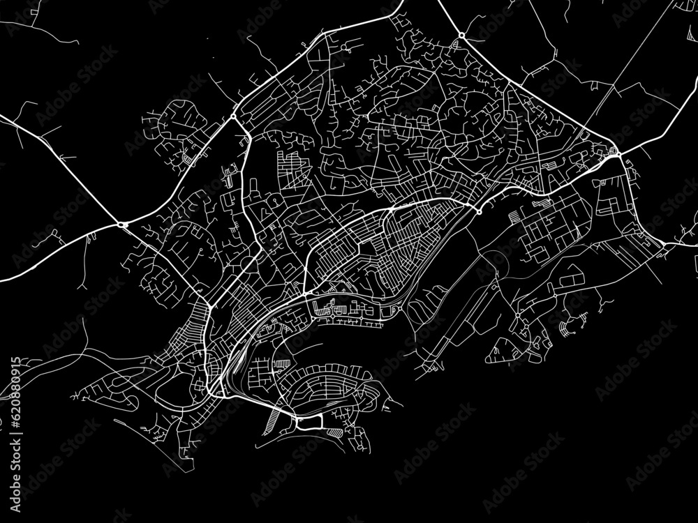 Vector road map of the city of  Barry in the United Kingdom on a black background.
