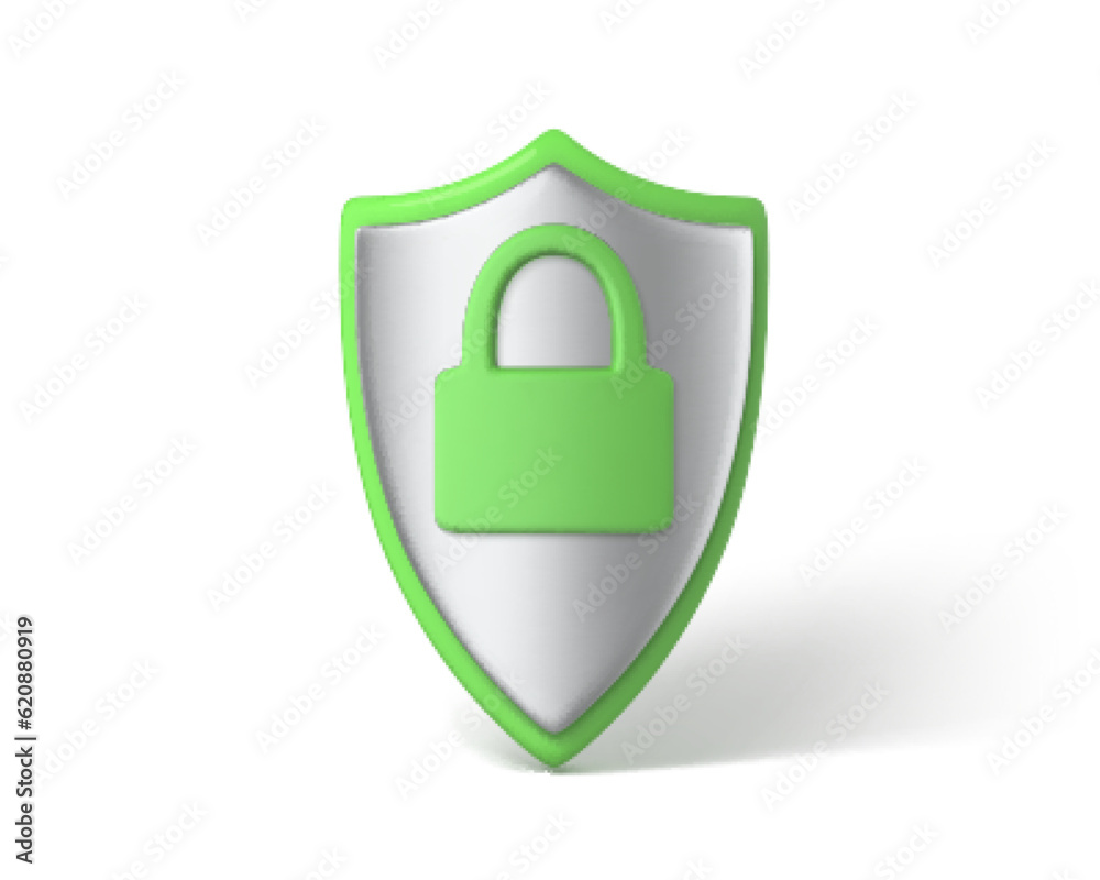 3d render shield with padlock icon. Concept of privacy, good password, secure data protection, verification system. Cybersecurity and information network protection. Vector 3D Illustration 3d render shield with padlock icon. Concept of privacy, good password, secure data protection, verification system. Cybersecurity and information network protection. Vector 3D Illustration
