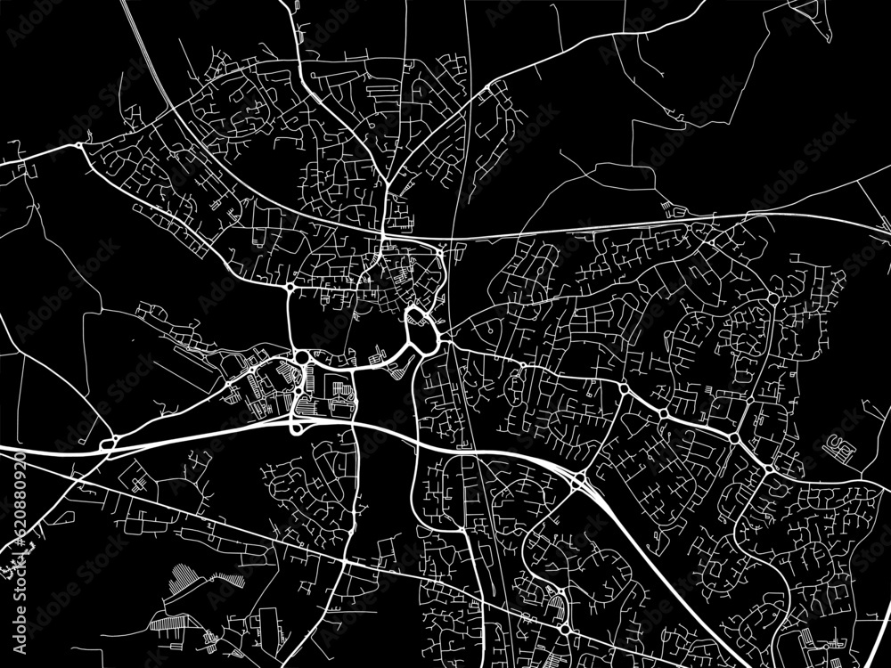 Vector road map of the city of  Tamworth in the United Kingdom on a black background.