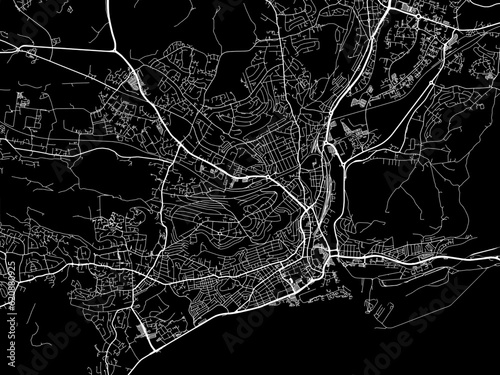 Vector road map of the city of  Swansea in the United Kingdom on a black background.