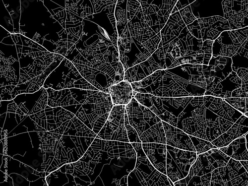 Vector road map of the city of  Wolverhampton in the United Kingdom on a black background.