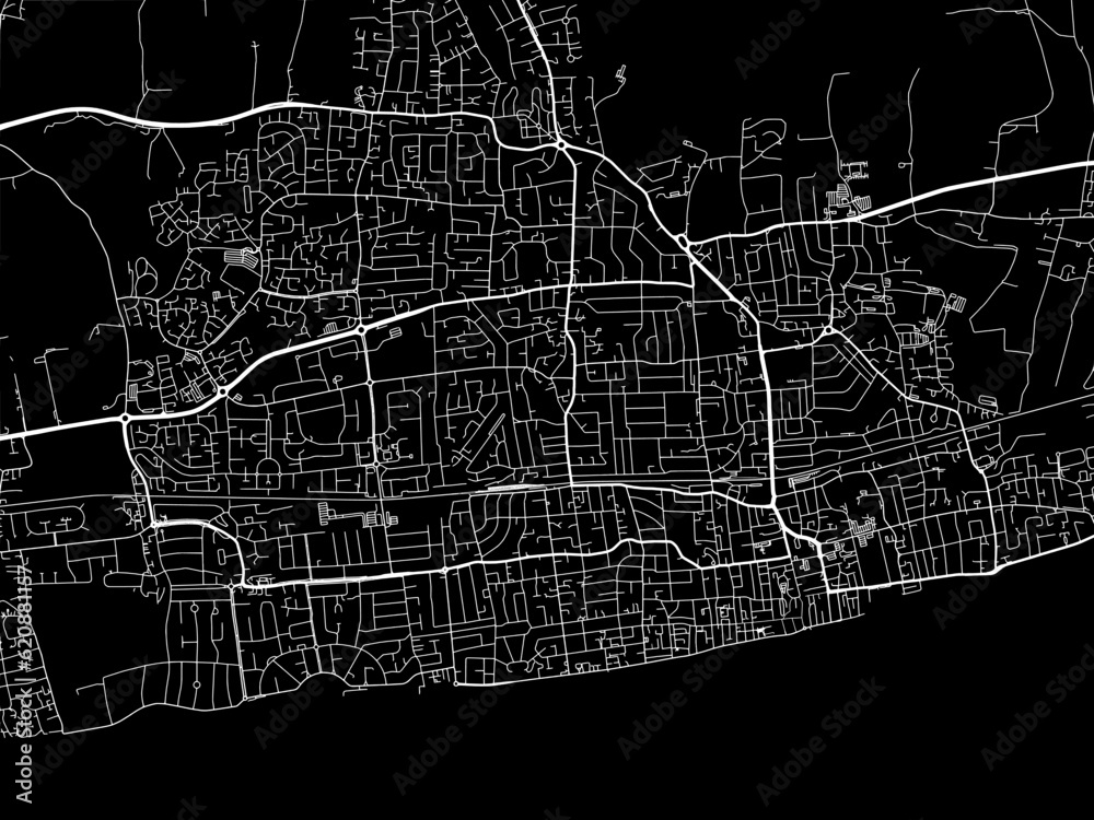 Vector road map of the city of  Worthing in the United Kingdom on a black background.