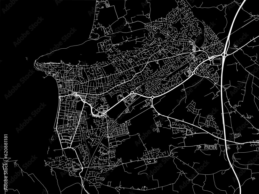 Vector road map of the city of  Weston-super-Mare in the United Kingdom on a black background.