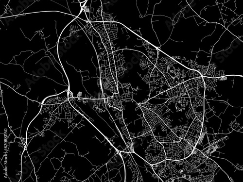 Vector road map of the city of  Oxford in the United Kingdom on a black background.