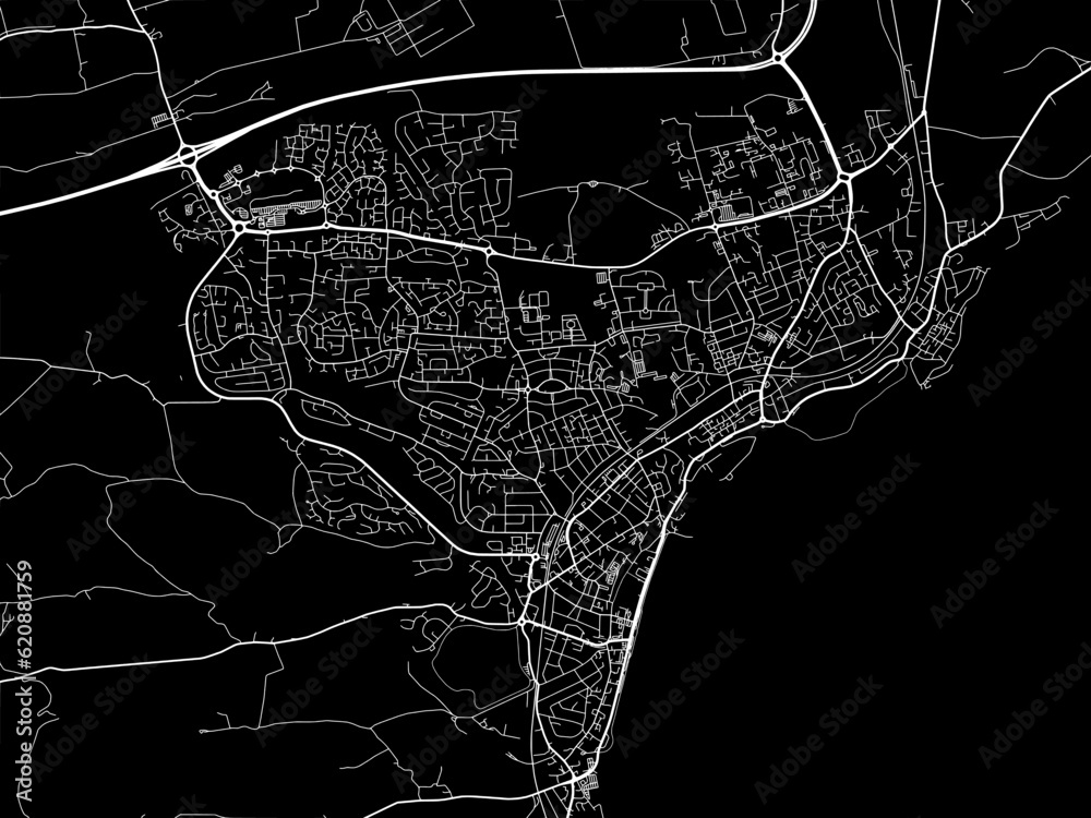 Vector road map of the city of  Kirkcaldy in the United Kingdom on a black background.